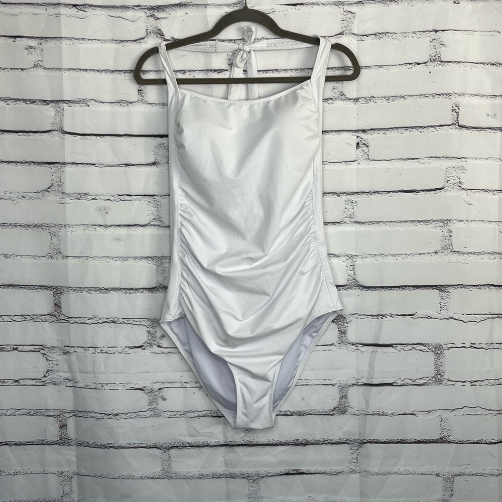 Tempt Me White Ruched Bodysuit OnePiece Swimsuit Women’s XXL Scoop Neck Tie Back